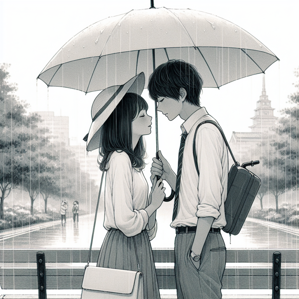 雨で傘をさしている二人がキスをしようとするイラスト