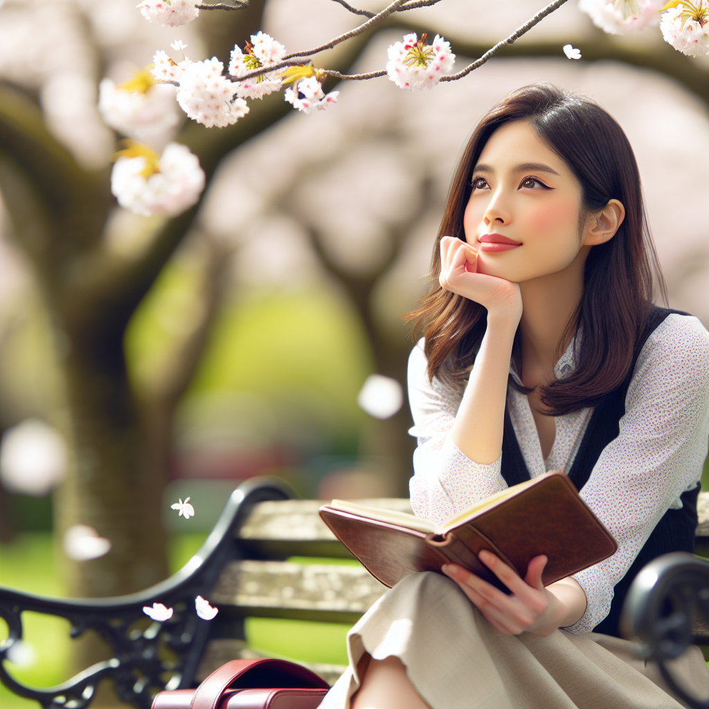 女性が桜を見ながら考えている写真