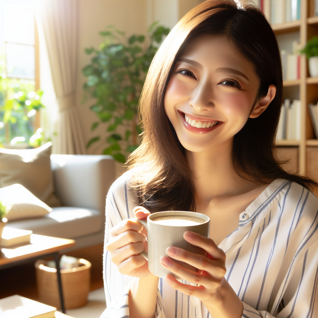 女性が笑顔でコーヒーを飲んでいる写真