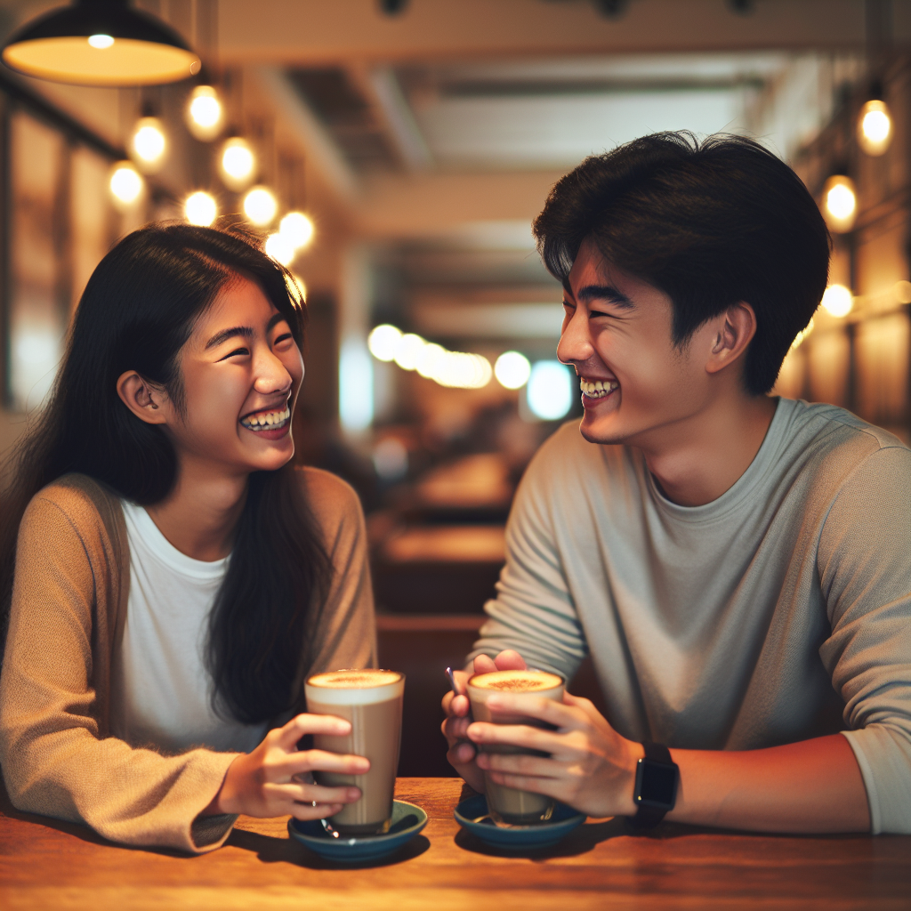 カフェで男女がコーヒーを飲んでいる画像