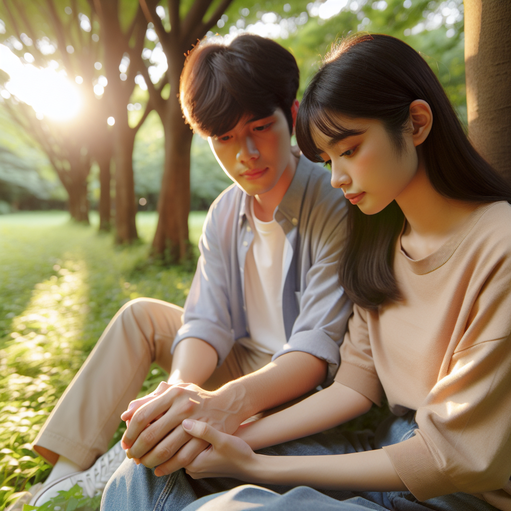 彼氏が彼女を励ましている写真