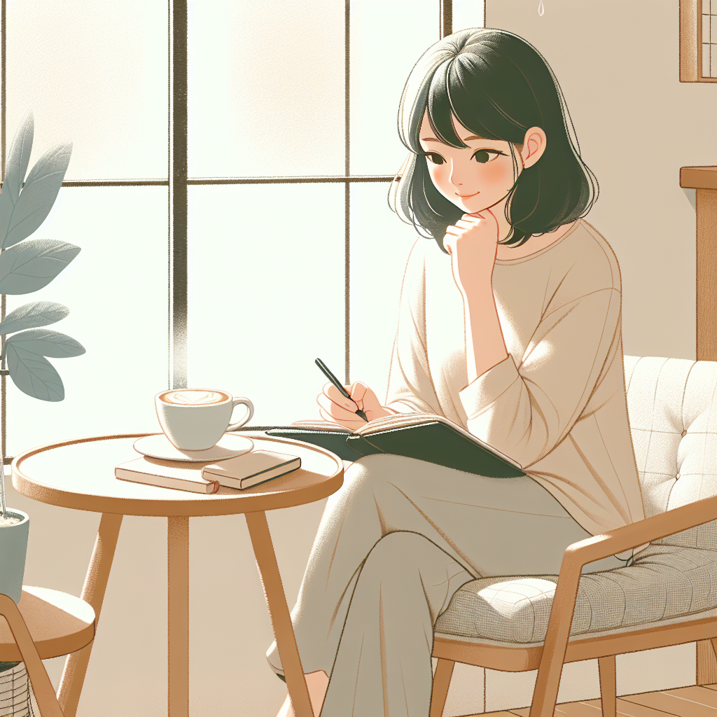 女性がコーヒーを飲みながらメモで整理しているイラスト