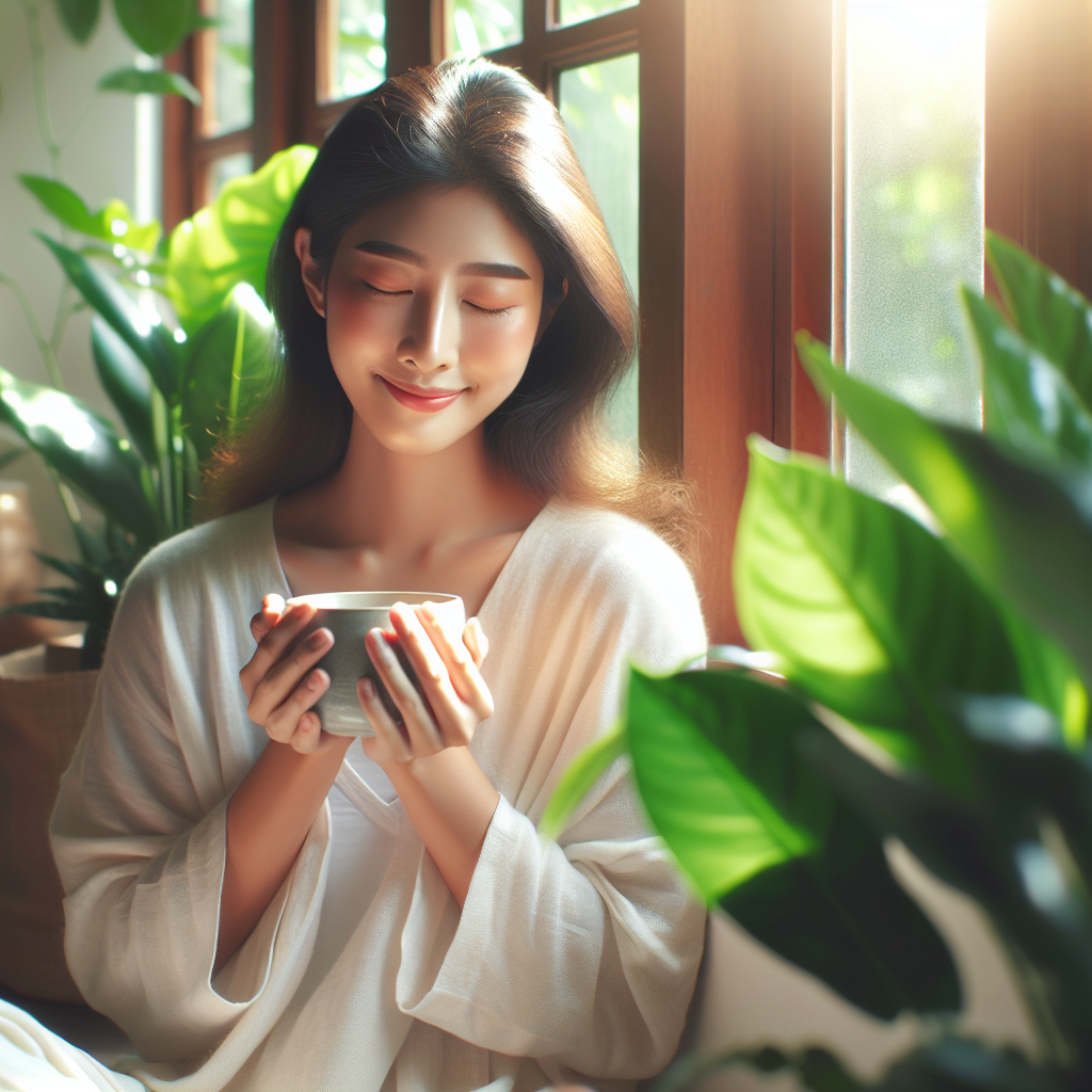 観葉植物に囲まれて落ち着いている女性の写真