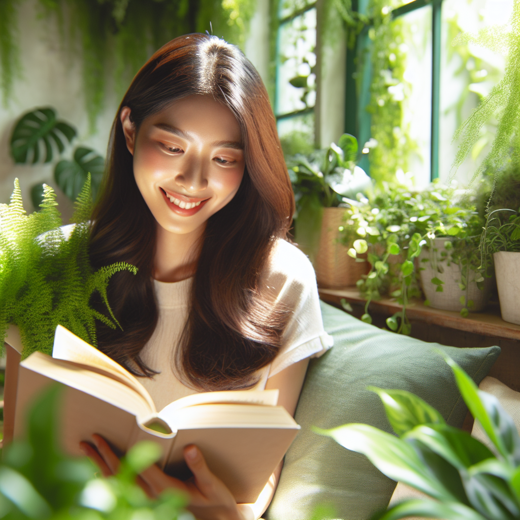 植物沢山の部屋で本を読んでいる女性の画像